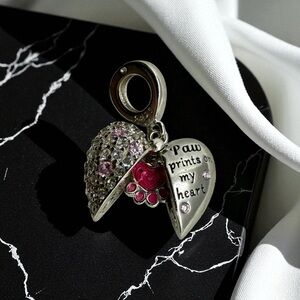 New Sterling Silver “Paw Prints On My Heart” Opening Charm, Pandora-Compatible
